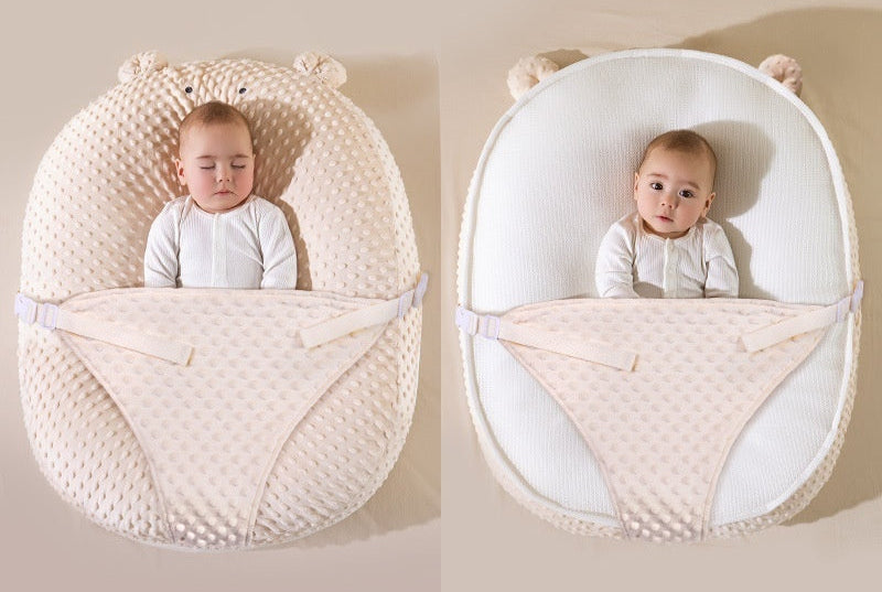 Baby in a Doudou Bear double-sided four-seasons baby seat with text describing the different styles.