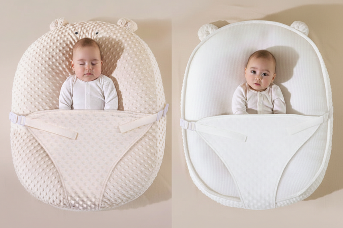 Two views of a baby in a white textured baby seat against a beige background