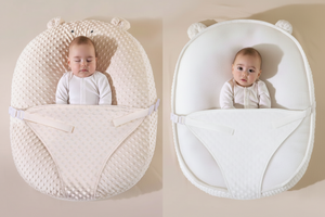 Two views of a baby in a white textured baby seat against a beige background