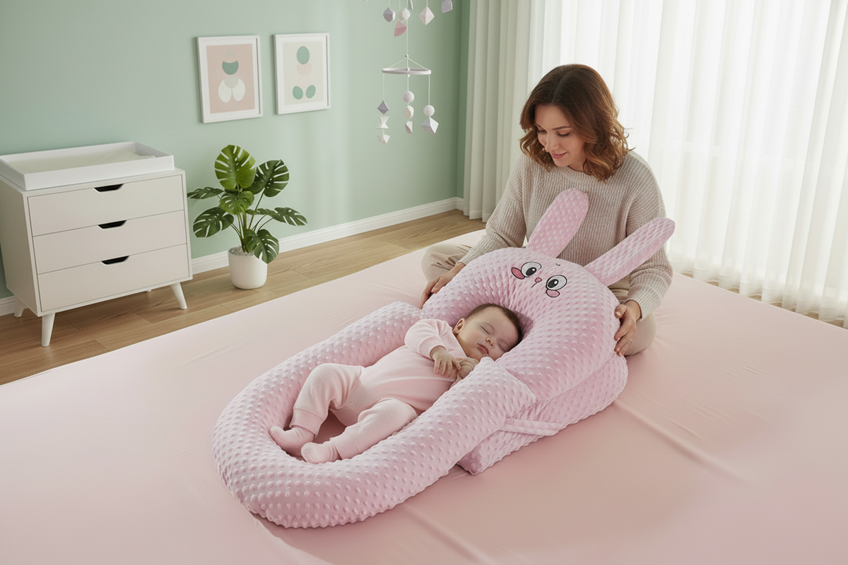 Baby sleeping in a pink bunny-shaped crib in a nursery.