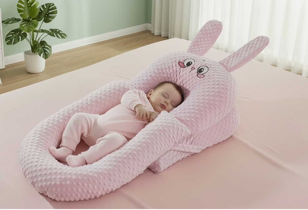 Baby sleeping in a pink bunny-shaped crib in a room with a green wall and white curtains.