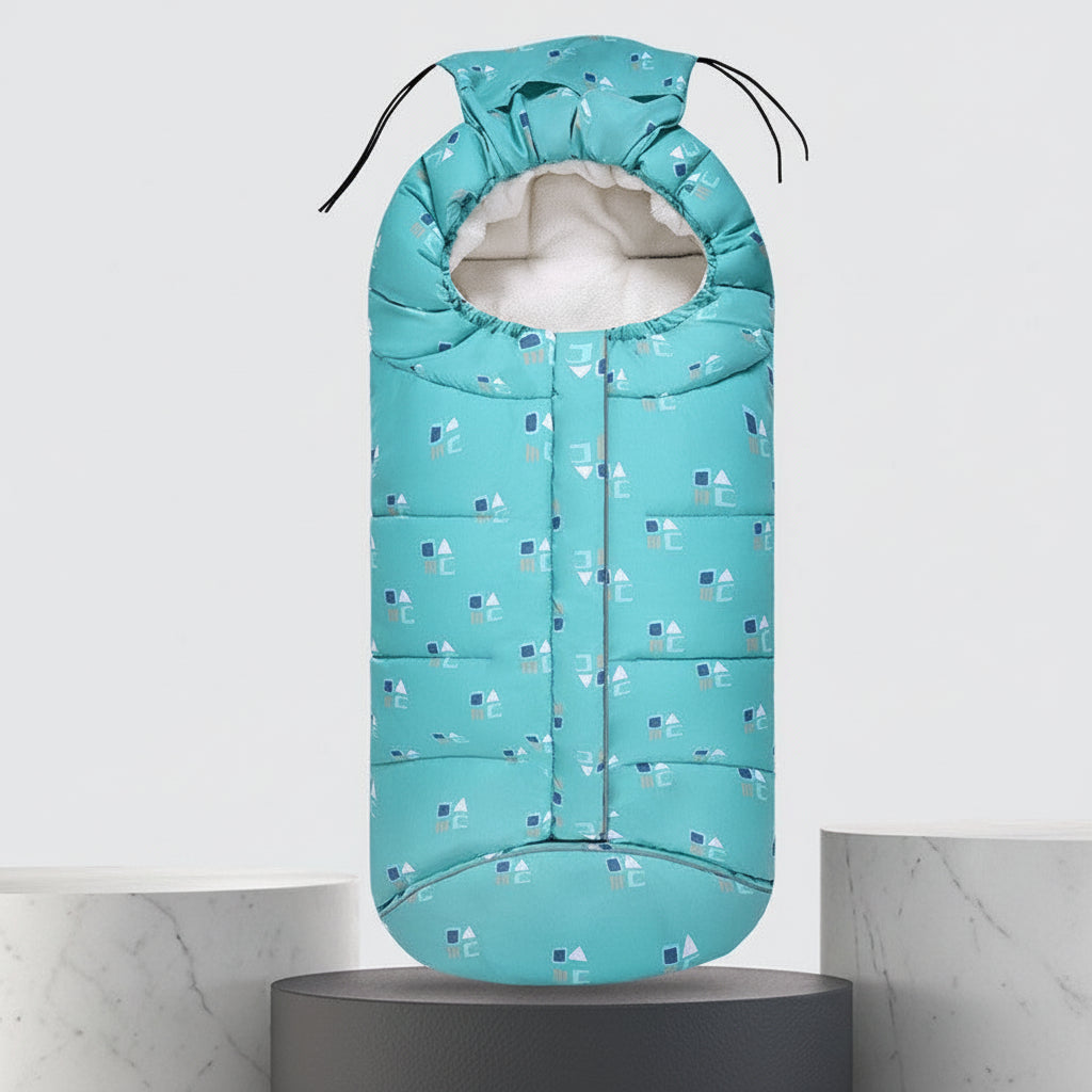 A turquoise baby sleeping bag with a small geometric pattern, shown on a pedestal with dimension markings of 102cm in height and 43cm in width, along with a blue circular graphic indicating suitability for -5 to -10°C autumn and winter.