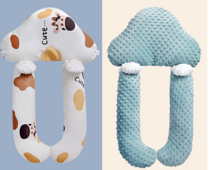 Two baby rattle toys with different textures and colors on a split background.