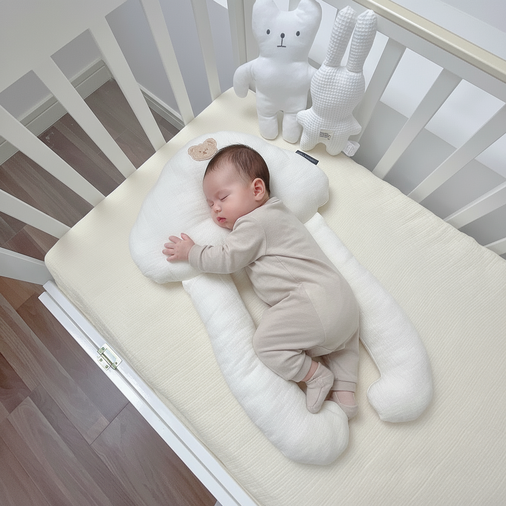A baby lying on a white, solid patterned sleep pillow designed for infants.