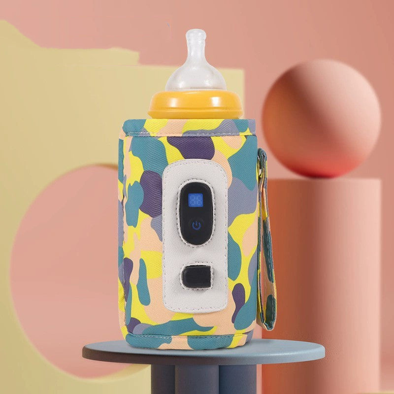 Colorful baby bottle cooler with a bottle on a pastel background