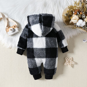 Baby Hooded Plaid Fluffy Fleece Long-Sleeve Romper