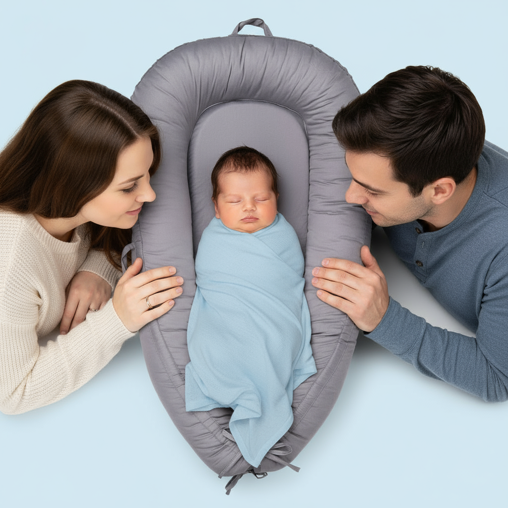 Newborn baby swaddled in a gray lounger with parents on either side.