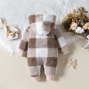 Baby Hooded Plaid Fluffy Fleece Long-Sleeve Romper