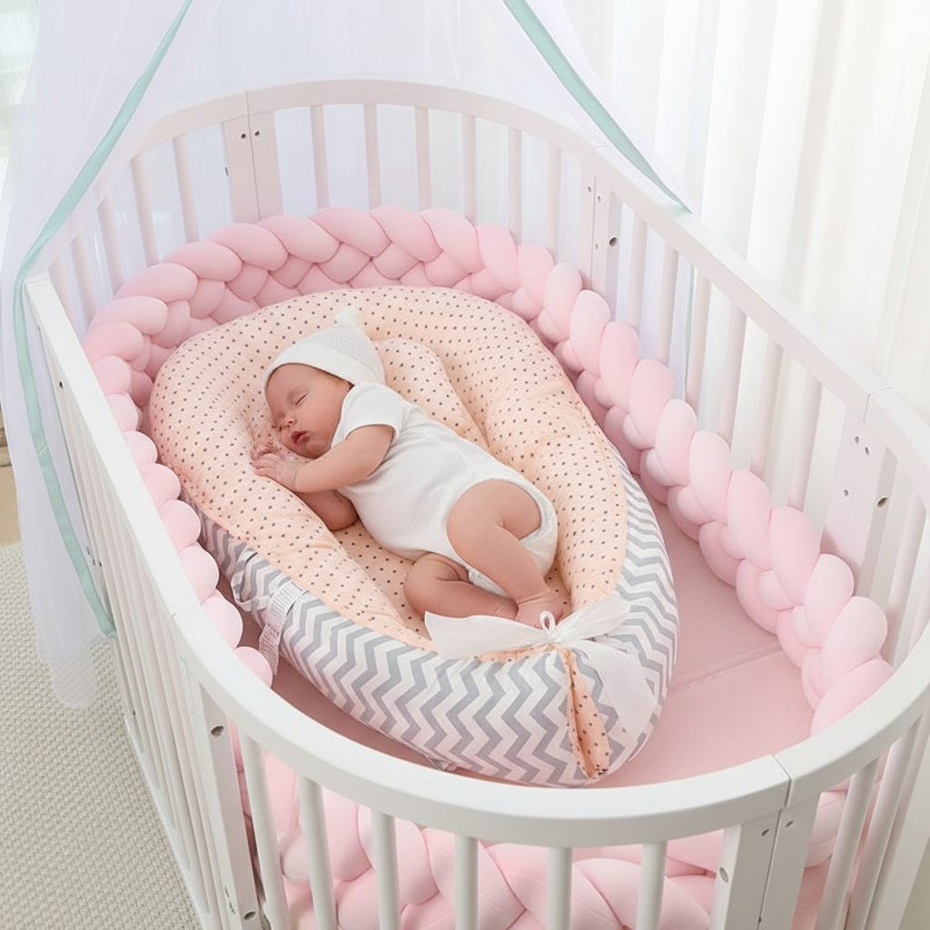 Newborn baby in a white crib with pink and gray bumper