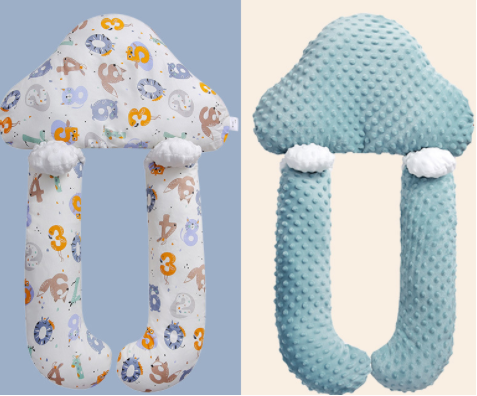 Two baby rattles, one with alphabet patterns and the other solid blue, on a light blue and beige background.