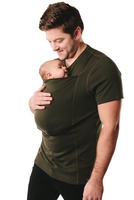 Man wearing a green babywearing shirt holding a baby