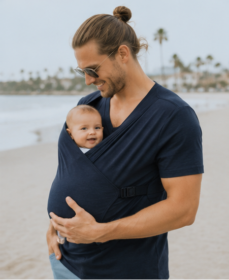A man wearing a navy blue baby wrap shirt holds a baby in a front-facing wrap on a sandy beach with palm trees in the background.