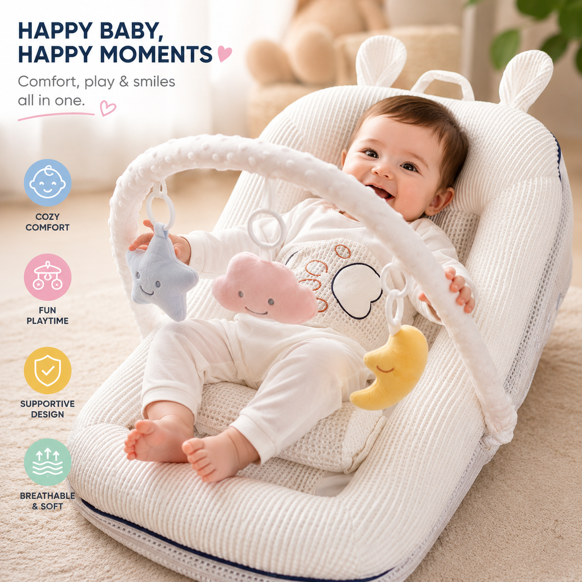 Baby in a white baby seat with toys, surrounded by text about comfort and playtime.