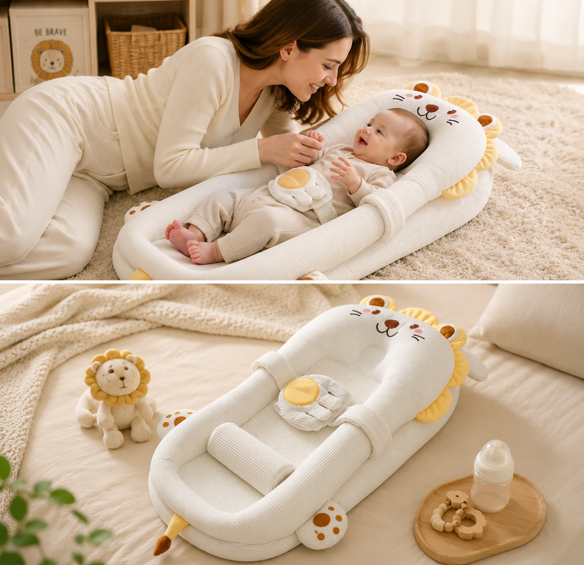 Baby lying in a lion-shaped baby seat with a woman, surrounded by a cozy room setting.
