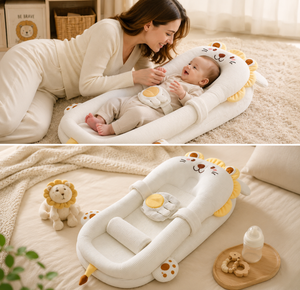 Baby lying in a lion-shaped baby seat with a woman, surrounded by a cozy room setting.