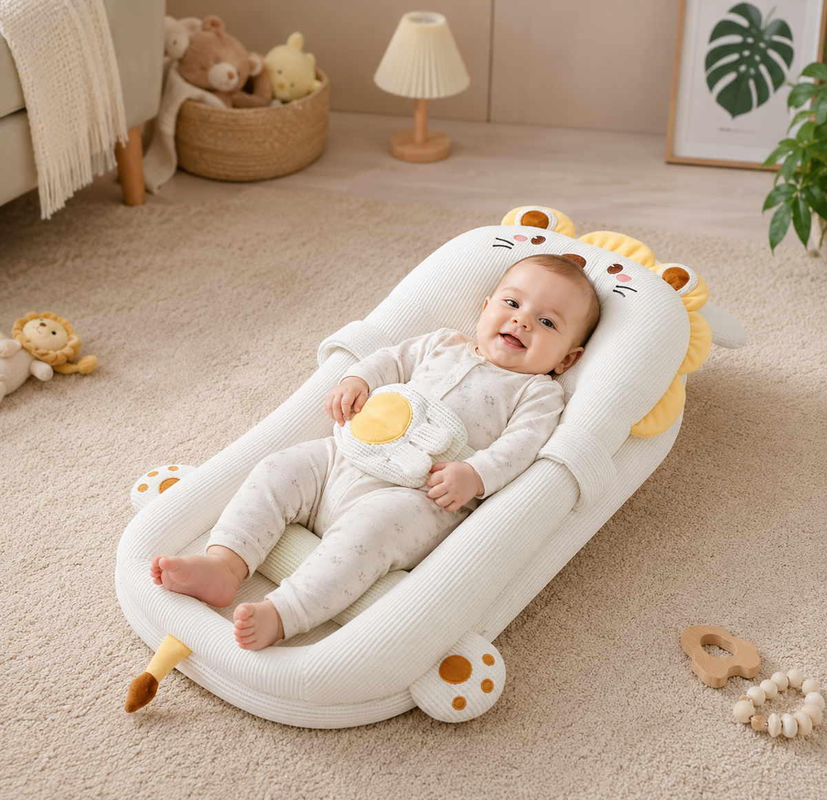 Baby lying on a lion-shaped cushion in a cozy room with toys around