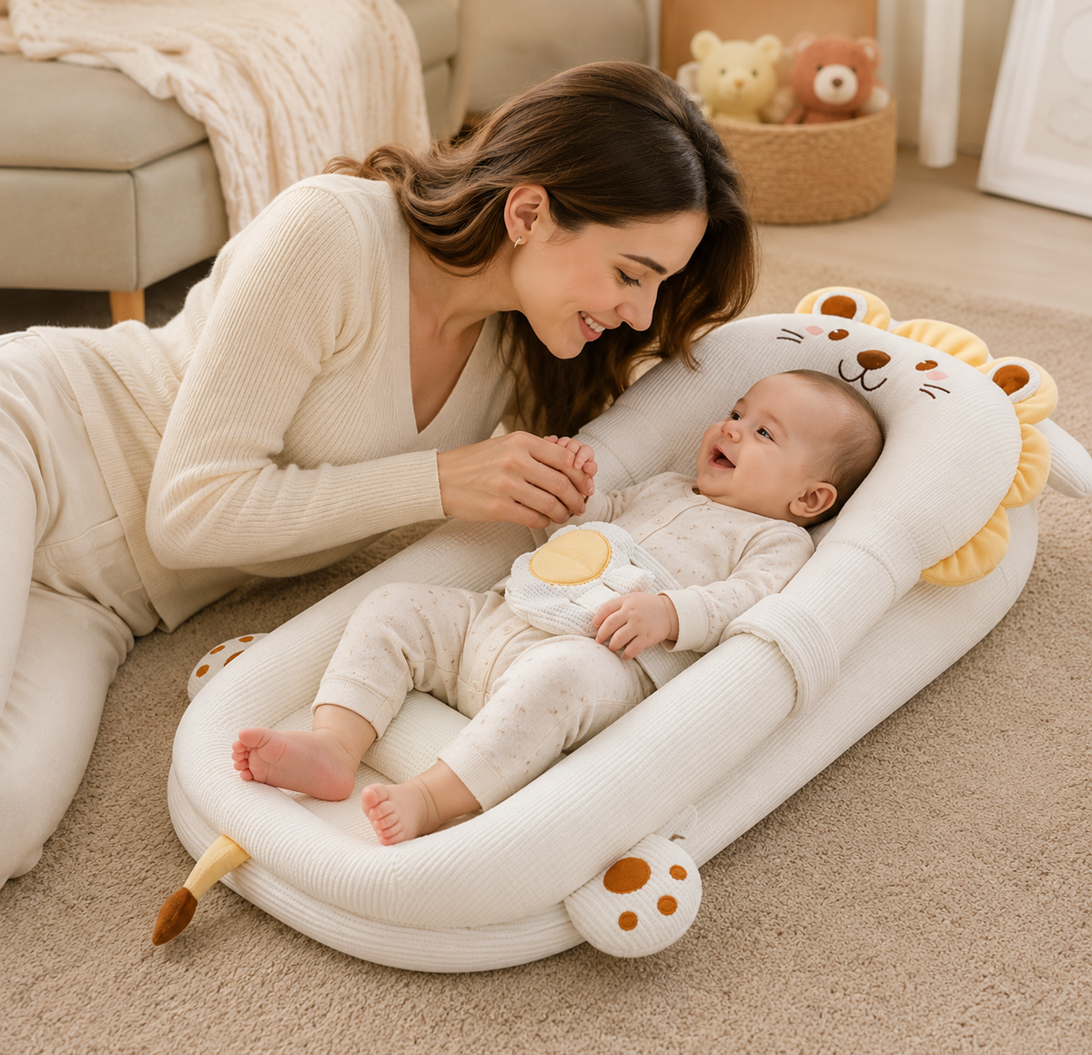 Woman lying on the floor with a baby in a lion-shaped baby seat in a cozy living room.