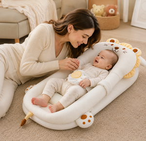 Woman lying on the floor with a baby in a lion-shaped baby seat in a cozy living room.