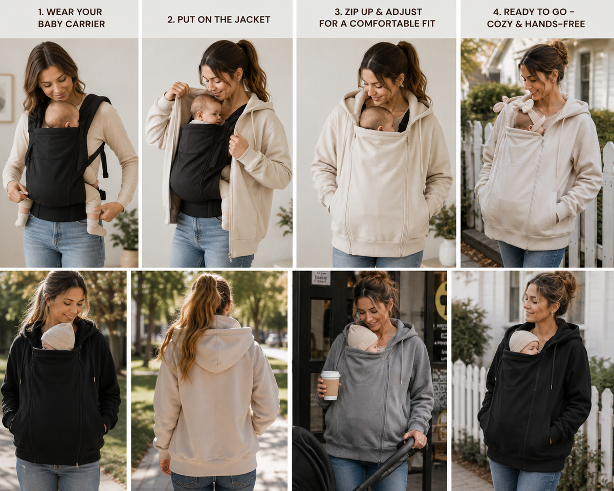 Eight-panel collage showing a woman modeling a wearable baby carrier jacket/hoodie in different configurations: worn over a black baby carrier, zippered for comfort, and worn in black and light beige. Text at the top of each panel explains the steps.