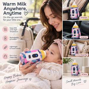A collage-style promotional image for a portable baby bottle warmer. A woman holds a baby using the device, with inset panels showing the warmer in a stroller, car cup holder, diaper bag, and at home.