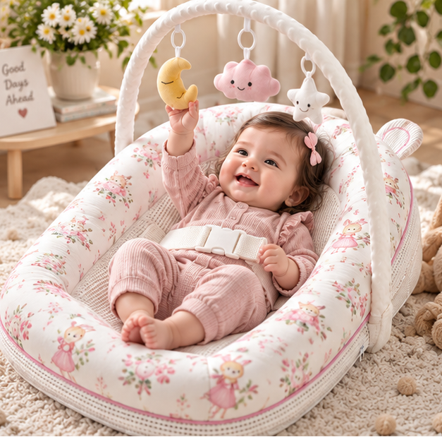 A baby sits in a padded bassinet-style baby chair with floral fabric, holding a yellow moon toy under a white arch. The room is softly lit with a beige rug, flowers, and toys in the background.