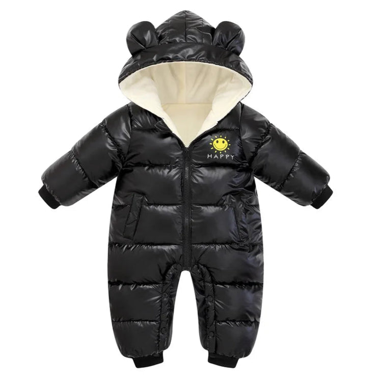 Black baby snowsuit with bear ears on a white background
