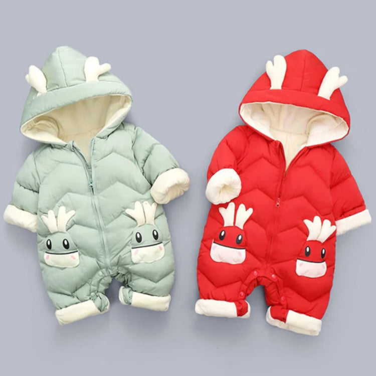 Two baby rompers, one green and one red, with cartoon face designs on a gray background.