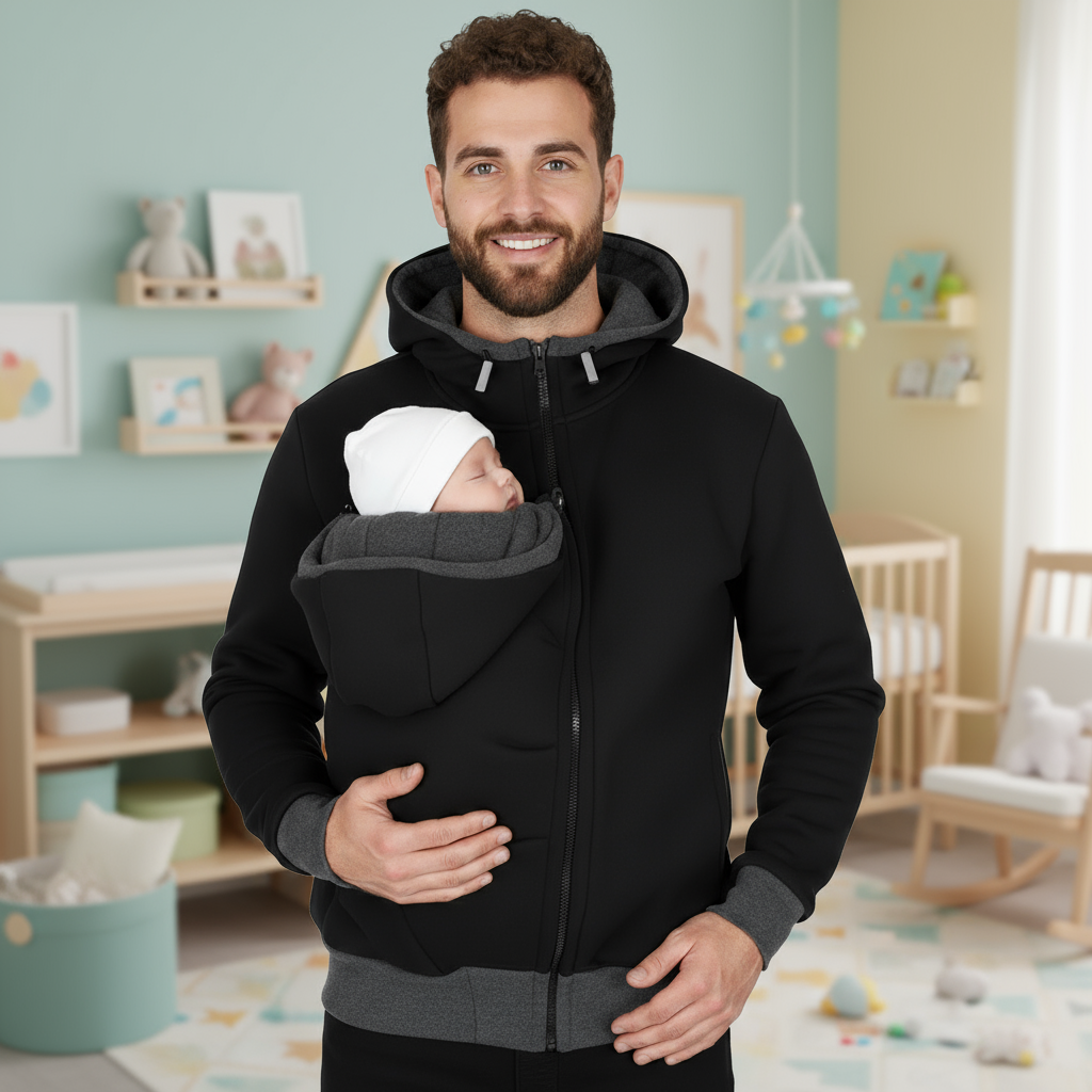Man holding a baby in a black and gray baby carrier in a nursery.