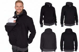 A man wearing a black zip-up hoodie with a gray inner hood and cuffs, holding a white baby bootie, alongside four smaller product views showing front, back, and side angles of the hoodie on a white background.