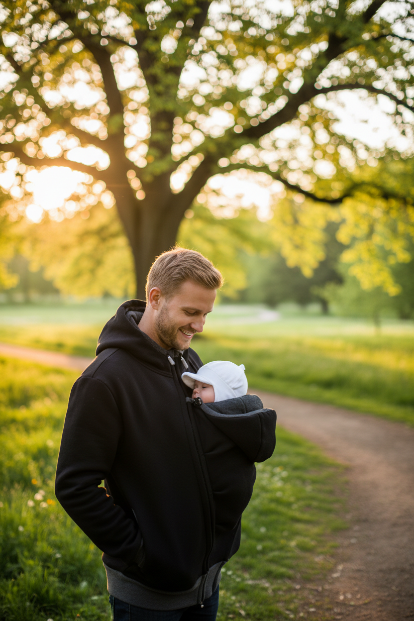 A man wearing a black baby carrier hoodie with a baby inside, standing on a park path with a large tree in the background during golden hour.