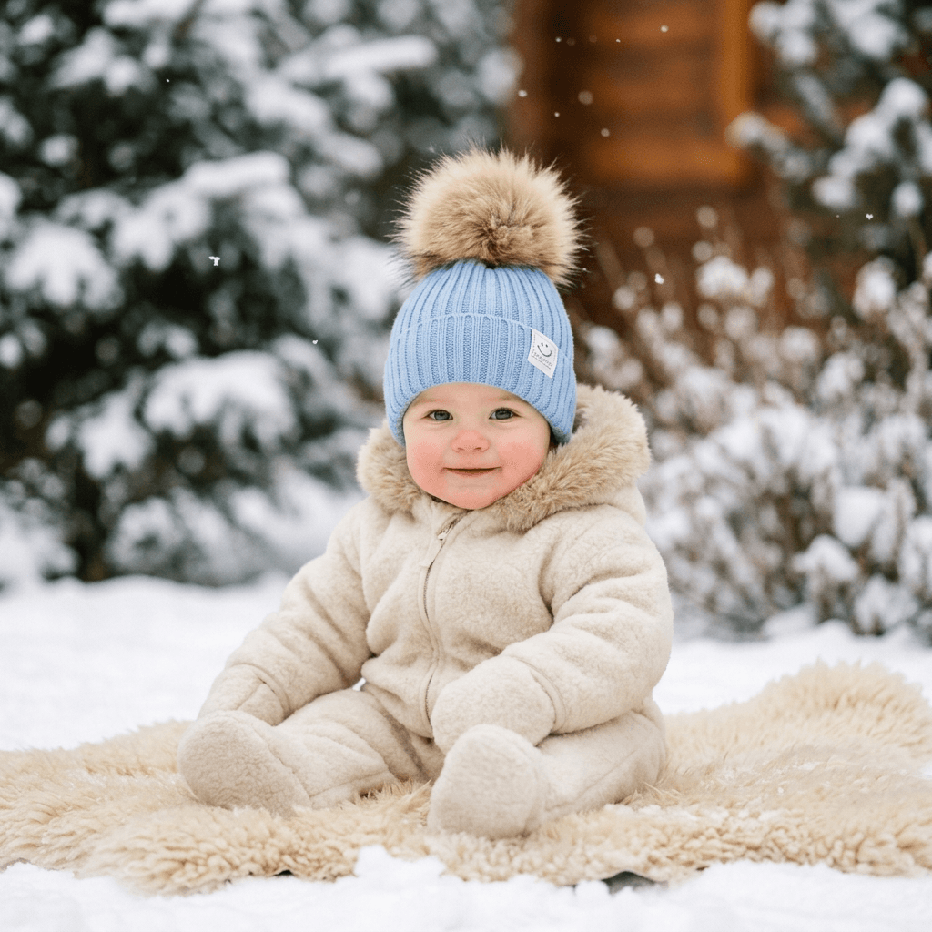A baby sitting in the snow wearing a cream-colored winter snowsuit and a light blue knit beanie with a large tan faux-fur pom-pom. The background shows snow-covered evergreen trees and a wooden cabin.