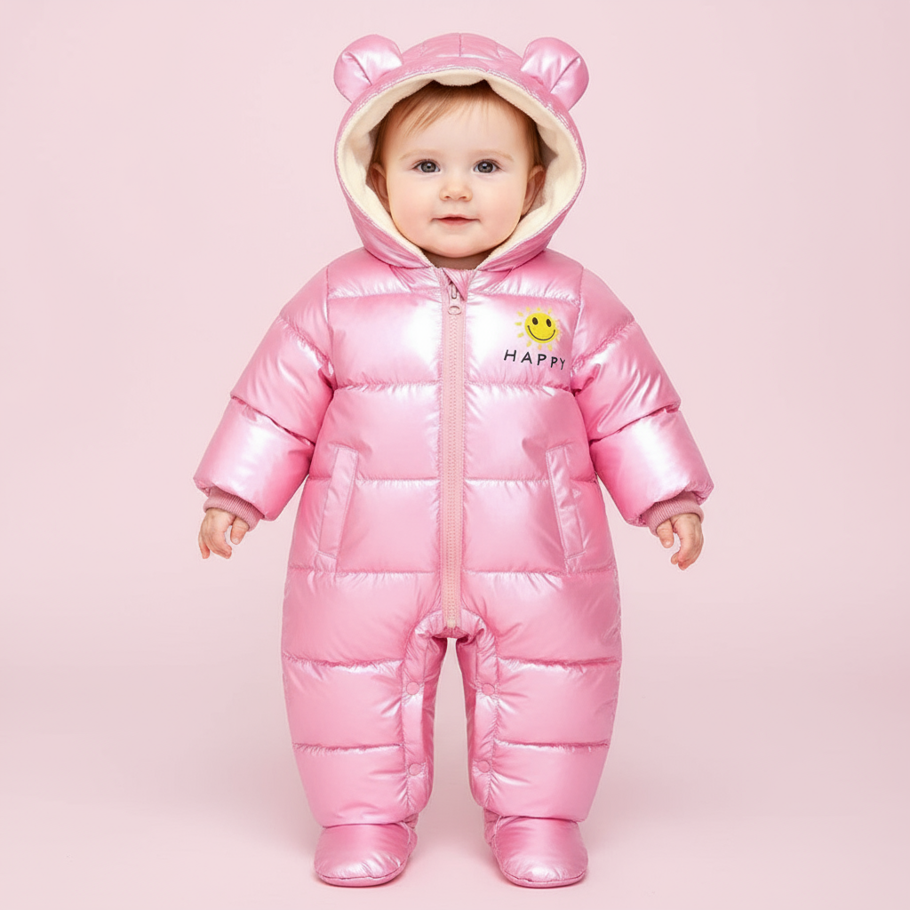 Baby wearing a pink puffer snowsuit with bear ears on a pink background