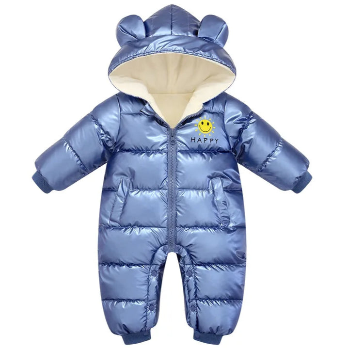 Blue baby snowsuit with hood on a white background