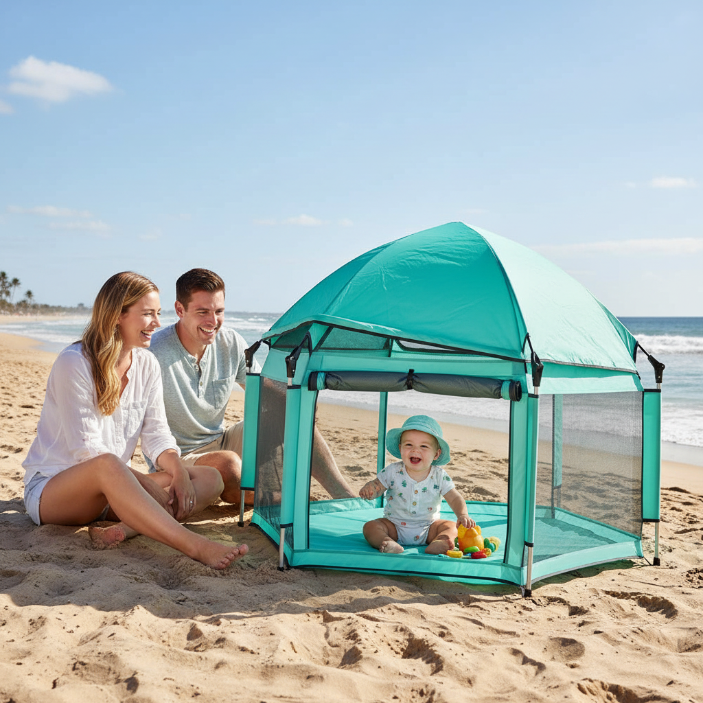 Family with a child in a teal play tent on a sandy beach.