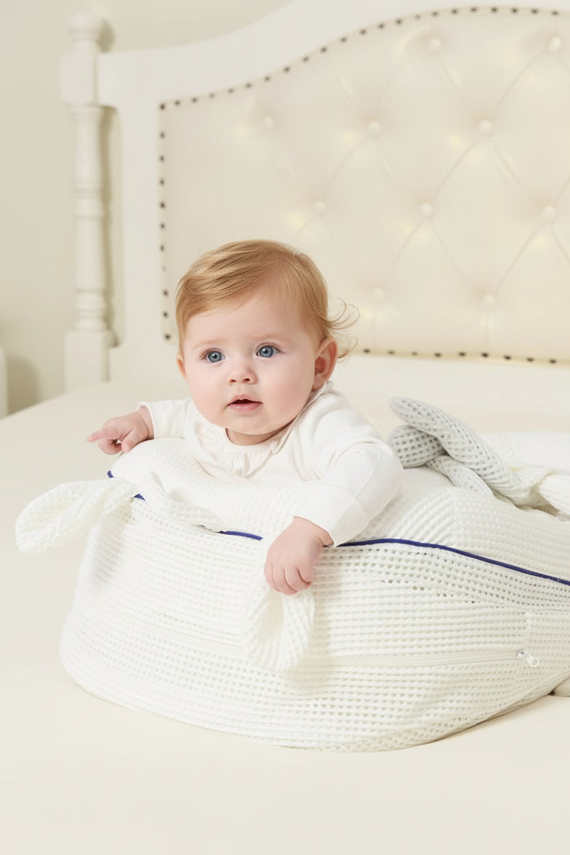Baby in a white textured basket with a soft blanket