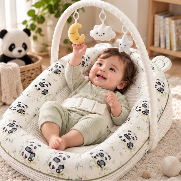 A baby in a pale green knit outfit sits in a white padded bassinet with a panda print, holding a yellow crescent moon toy. The bassinet has an arch overhead with hanging cloud and star toys.