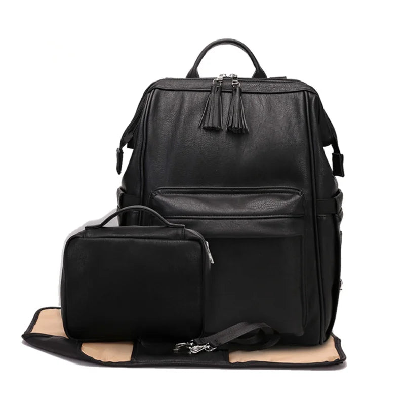 baby bag backpack black leather Vegan Leather Large Capacity Diaper Bag Backpack