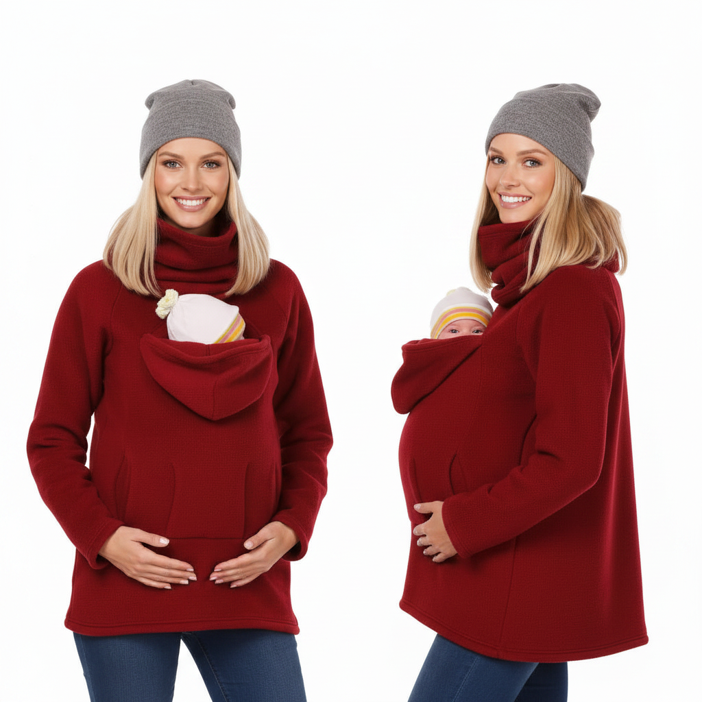 Two views of a pregnant woman modeling a deep red fleece maternity sweater with a built-in hooded baby carrier pocket. She is wearing a gray knit beanie and blue jeans, with a baby nestled inside the pocket in one view.
