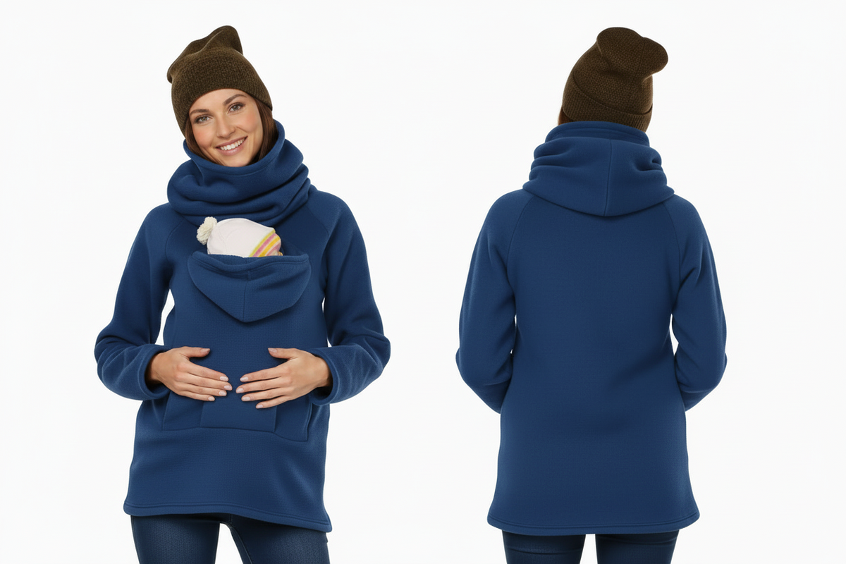 Woman wearing a blue hoodie with a front pocket, brown beanie, and holding a baby in a carrier on a white background.