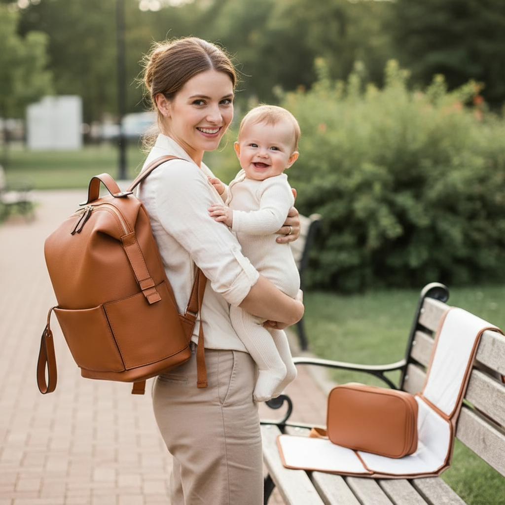 Woman holding a baby and wearing a brown backpack in a park setting