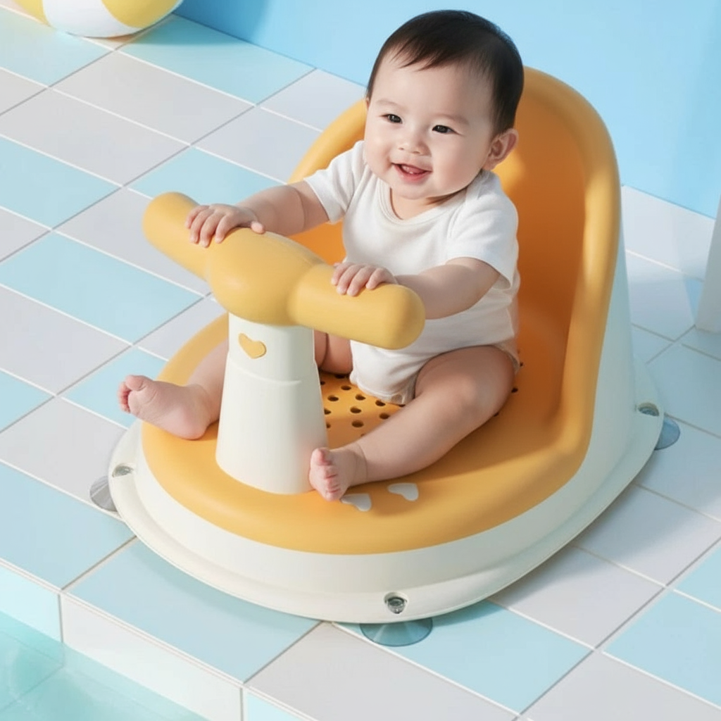Baby sitting in a yellow and white bath seat on a tiled bathroom floor.