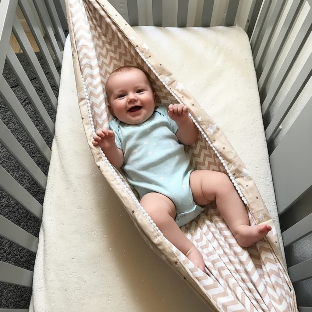 Baby in a light blue onesie lying on a patterned mat inside a crib.