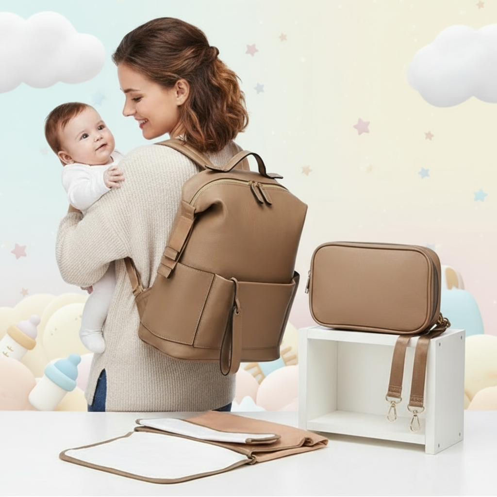 Woman carrying a baby in a brown backpack with a matching pouch on a white background