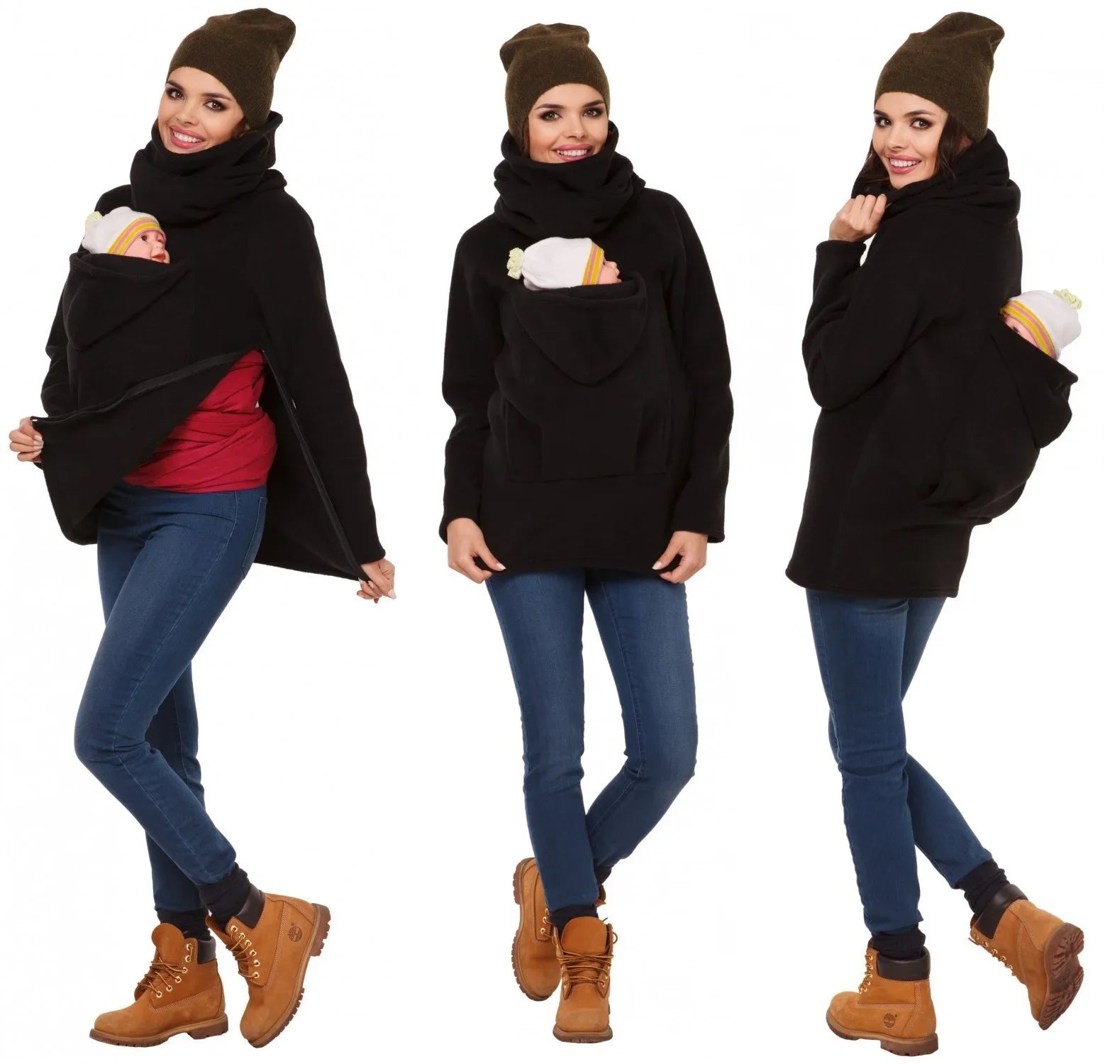 A collage of three images showing a woman modeling a black kangaroo hoodie with a baby inside the kangaroo pocket. The hoodie is designed for hands-free carrying of a baby.