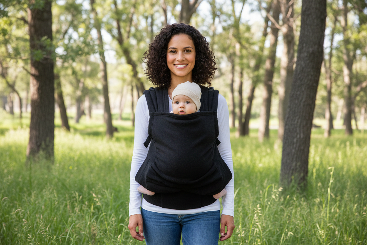 Woman carrying a baby in a sling through a park