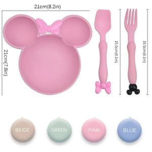 Minnie Mouse 3-Piece Baby Tableware Set: Wheat Straw Bowl, Plate, and Utensils.