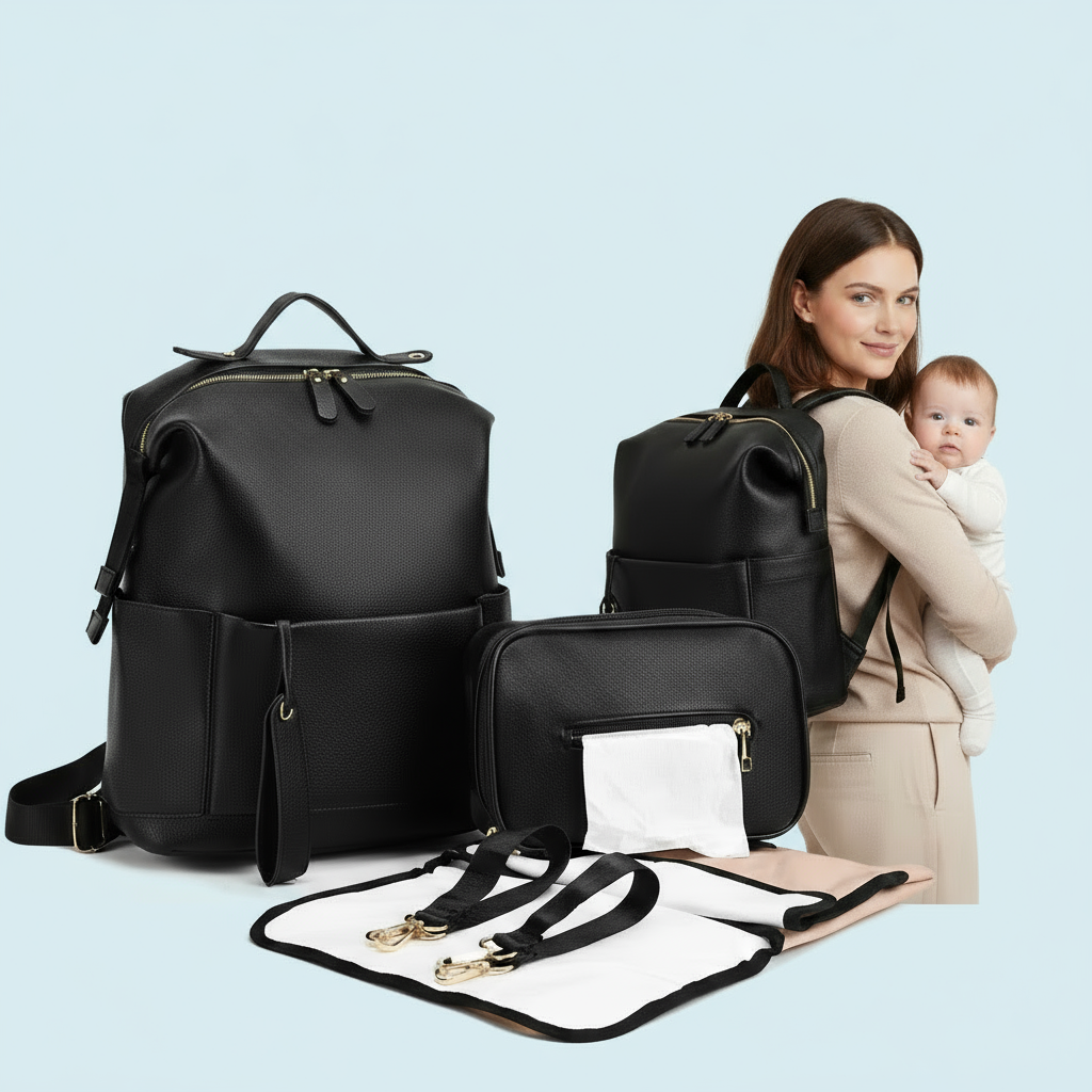 Chic Large Vegan Leather Diaper Bag with Changing Pad