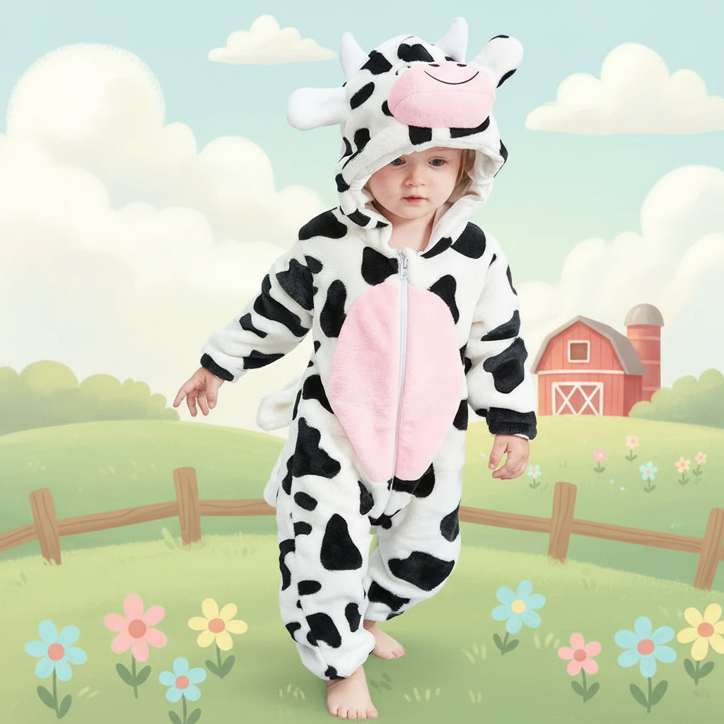 A baby wearing a black and white panda animal romper with a hood sitting on a white sofa.