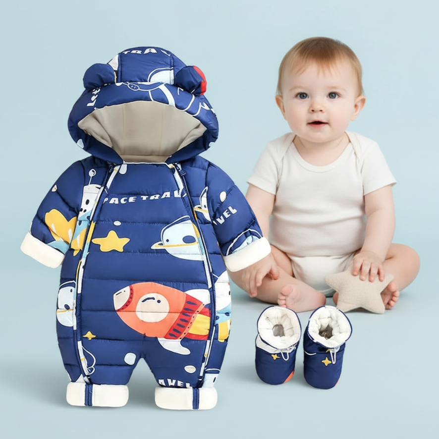 Baby in a blue space-themed snowsuit with matching shoes on a light blue background