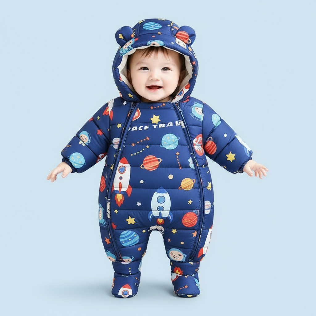 Baby wearing a blue space-themed snowsuit on a light blue background